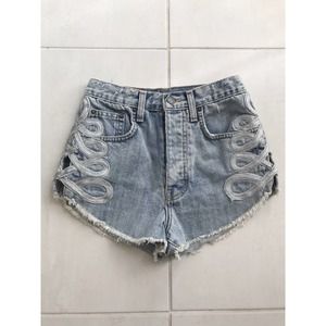 Carmar High Waist Cage Ribbon Trim Cut Off Denim Jean Shorts
